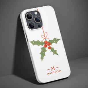 Monogram Name Christmas Holly Winter Floral iPhone 14 Pro Case