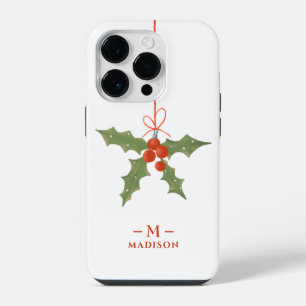 Monogram Name Christmas Holly Winter Floral iPhone 14 Pro Case