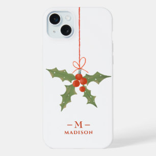 Monogram Name Christmas Holly Winter Floral iPhone 15 Plus Case
