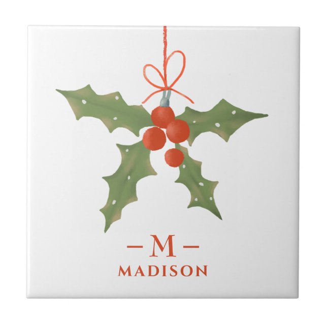 Monogram Name Christmas Holly Winter Floral Tile (Front)