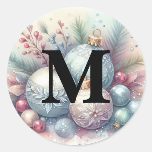 Monogram name Christmas tree ornaments watercolor Classic Round Sticker