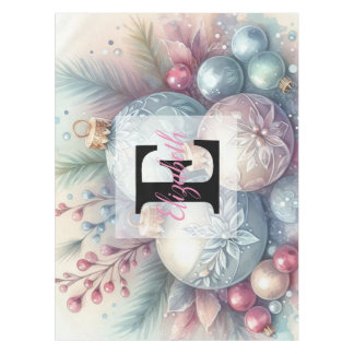 Monogram name Christmas tree ornaments watercolor  Tablecloth