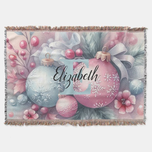 Monogram name Christmas tree ornaments watercolor  Throw Blanket (Front)