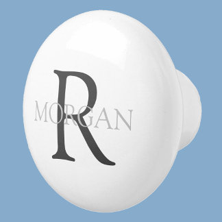Monogram & Name, Classic White with Grey Text Ceramic Knob