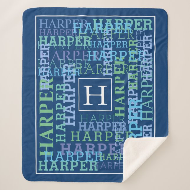 Monogram Name Cloud Blue Sherpa Blanket (Front)