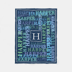 Monogram Name Cloud Navy Colour Fleece Blanket