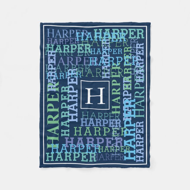Monogram Name Cloud Navy Colour Fleece Blanket (Front)