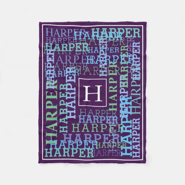 Monogram Name Cloud Purple Fleece Blanket (Front)