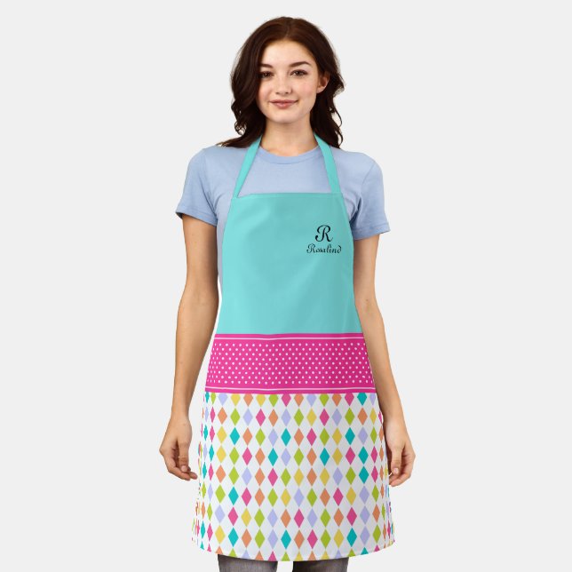 Monogram Name Colourful Diamond Pattern Apron (Worn)