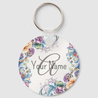 Monogram Name Colourful Floral Frame Elegant Moder Key Ring