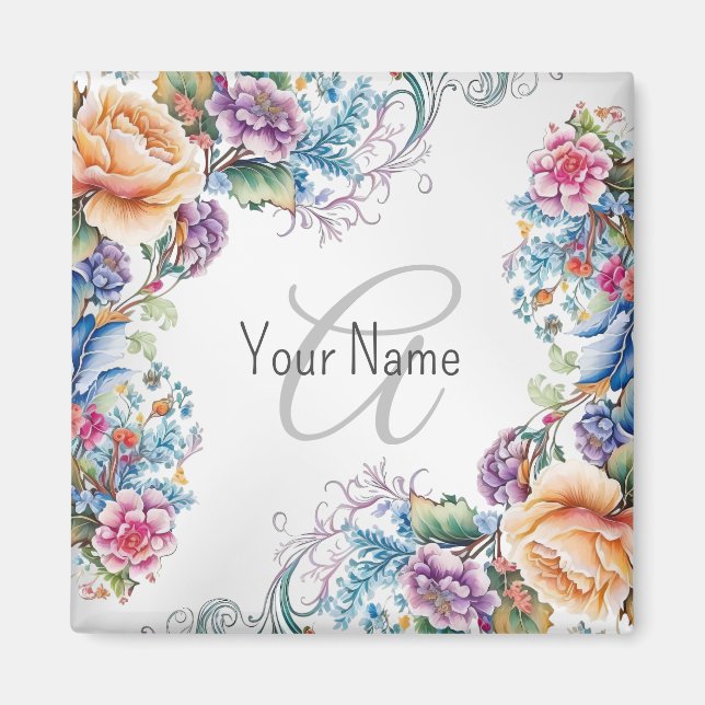Monogram Name Colourful Floral Frame Elegant Moder Magnet (Front)