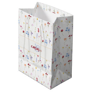 Monogram Name Colourful Garden Wildflower Pattern Medium Gift Bag