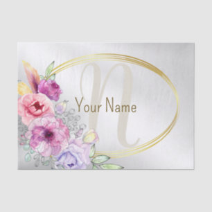 Monogram Name Colourful Pink Floral Golden Frame Tissue Paper