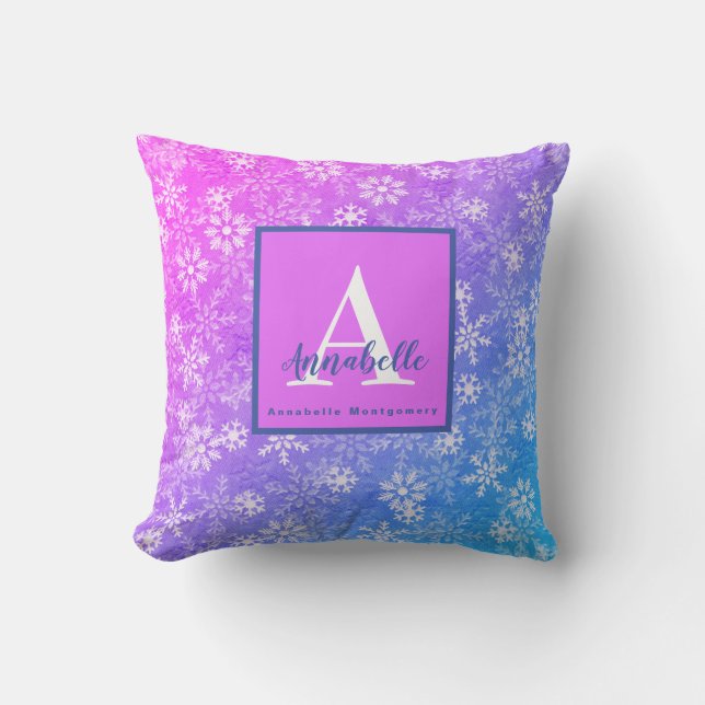 Monogram/Name Colourful Snowflake Pink Purple Blue Cushion (Front)