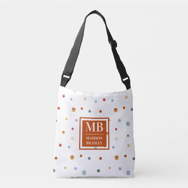 Monogram Name Colourful Watercolor Chic Polka Dot Crossbody Bag (Front)