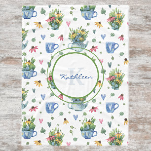 Monogram & Name, Coneflowers Teapots Hearts Fleece Blanket