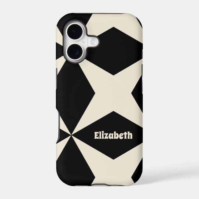 Monogram Name Cool Retro Geometric Pattern Black (Back)