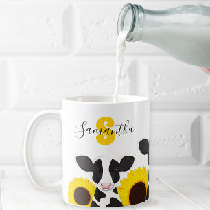 Monogram Name Cow Floral Sunflower Coffee Mug