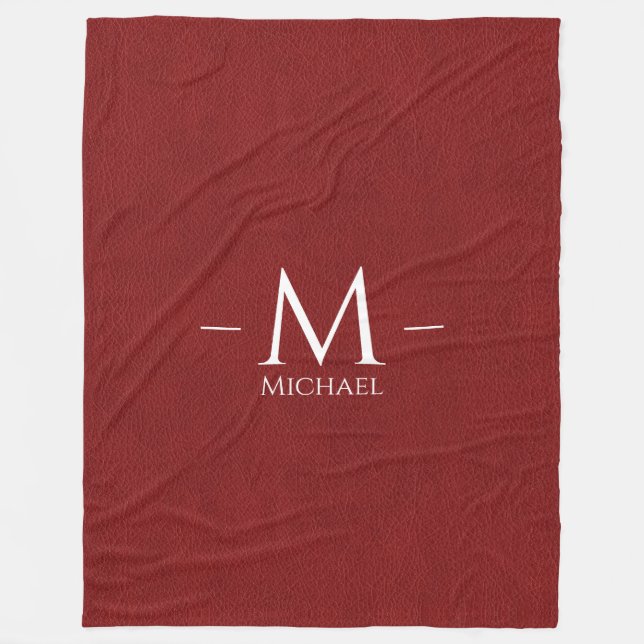 Monogram Name Custom Red Brown Leather Look Large Fleece Blanket (Front)