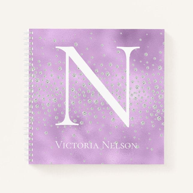 Monogram Name Customised Purple Crystals Shiny Notebook (Front)