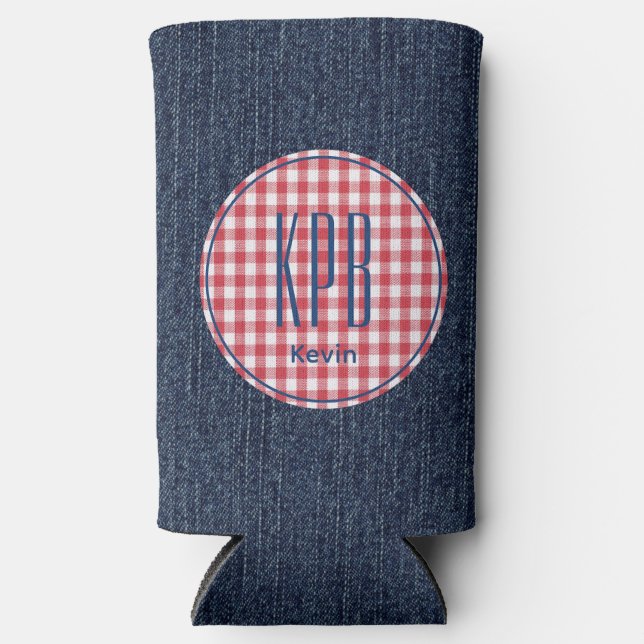 Monogram Name Dark Blue Denim Print Gingham Check Seltzer Can Cooler (Front)