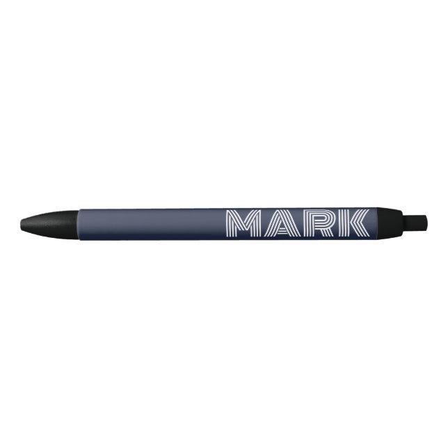 Monogram Name Dark Navy Blue White Modern Stripes Black Ink Pen (Front)