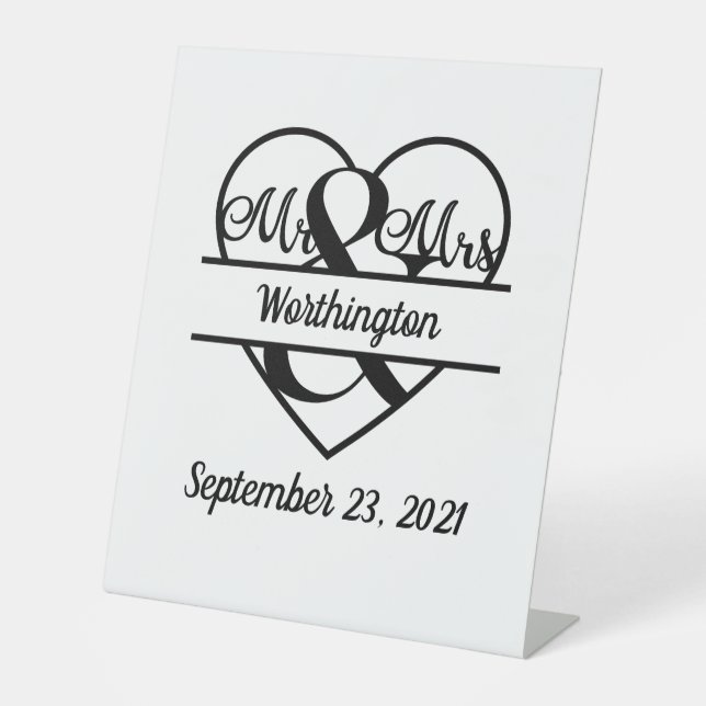 Monogram Name Date Heart Wedding  Pedestal Sign (Front)
