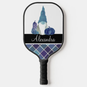 Monogram Name Dusty Blue Gnome plaid Pickleball Paddle