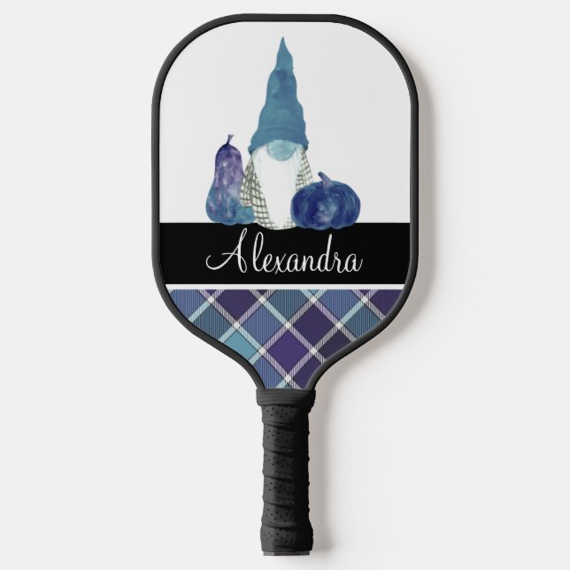 Monogram Name Dusty Blue Gnome plaid Pickleball Paddle (Front)