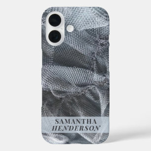 Monogram Name Elegant Black Grey Tulle Toile Look  iPhone 16 Case