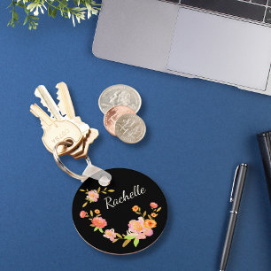 Monogram Name Elegant Floral Flowers Key Ring