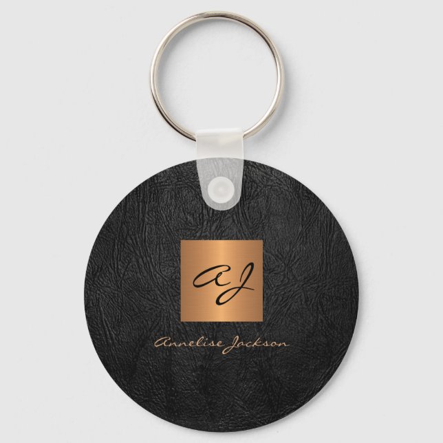 Monogram name elegant modern black gold  key ring (Front)