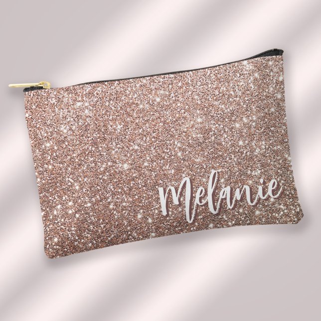 Monogram Name Elegant Modern Rose Gold Glitter Accessory Pouch (Stylishly Personalize with Your Custom Name.)