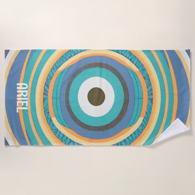 Monogram Name Evil Eye Retro Vintage Beach Towel (Front)