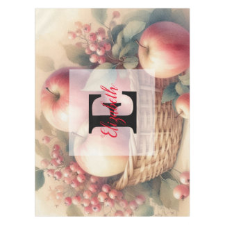 Monogram name Fall leaves and apples watercolor  Tablecloth