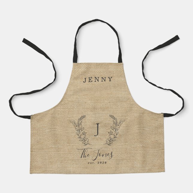 Monogram name family personalised elegant rustic apron (Front)