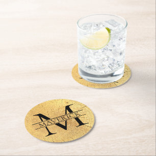 Monogram Name Faux Natural Wood Texture Round Paper Coaster
