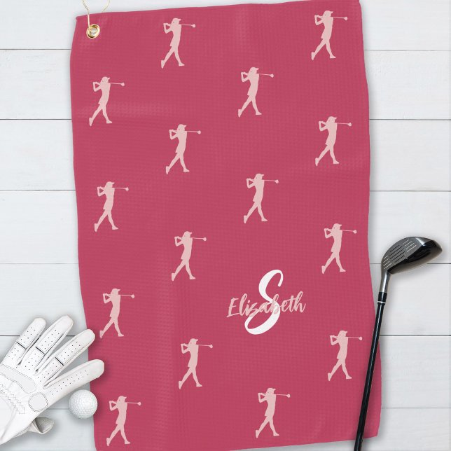 Monogram Name Female Golfer Silhouette Pattern Golf Towel (Creator Uploaded)