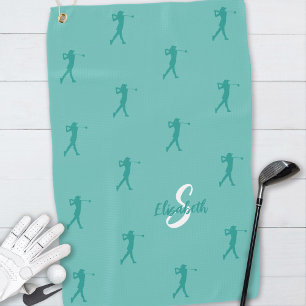 Monogram Name Female Golfer Silhouette Teal Green Golf Towel