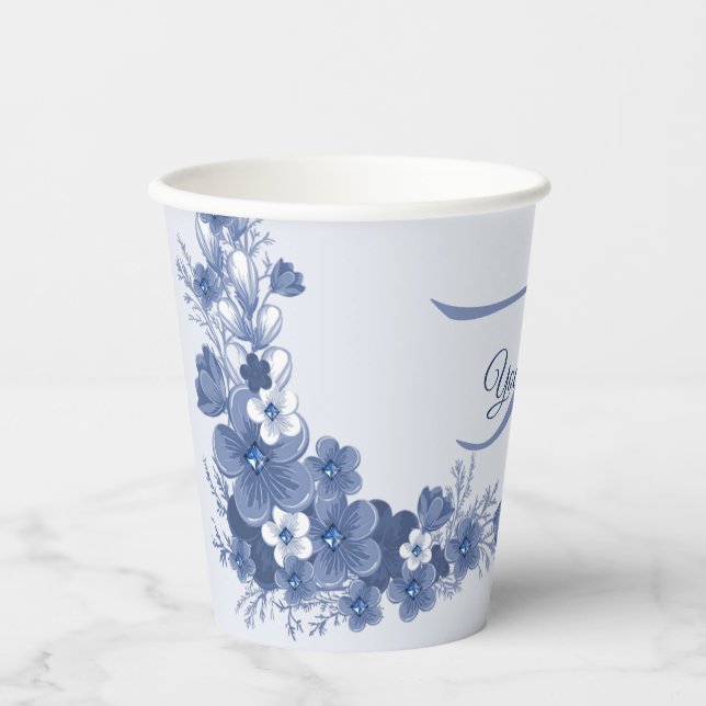 Monogram Name Floral Blue Grey Rustic Elegant Paper Cups (Front)