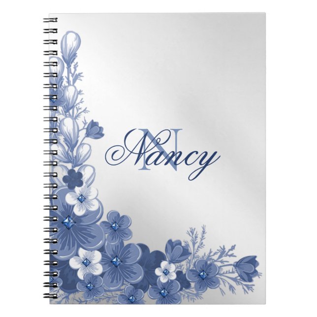 Monogram Name Floral Blue Silver Grey Elegant Notebook (Front)
