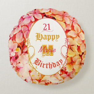 Monogram Name Floral Elegant 21st Happy Birthday Round Cushion