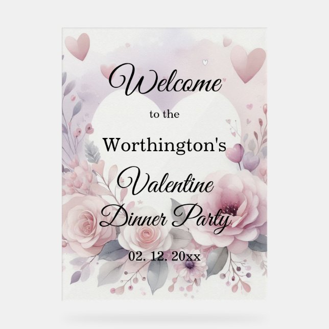 Monogram name floral hearts romantic watercolor  acrylic sign (Front)