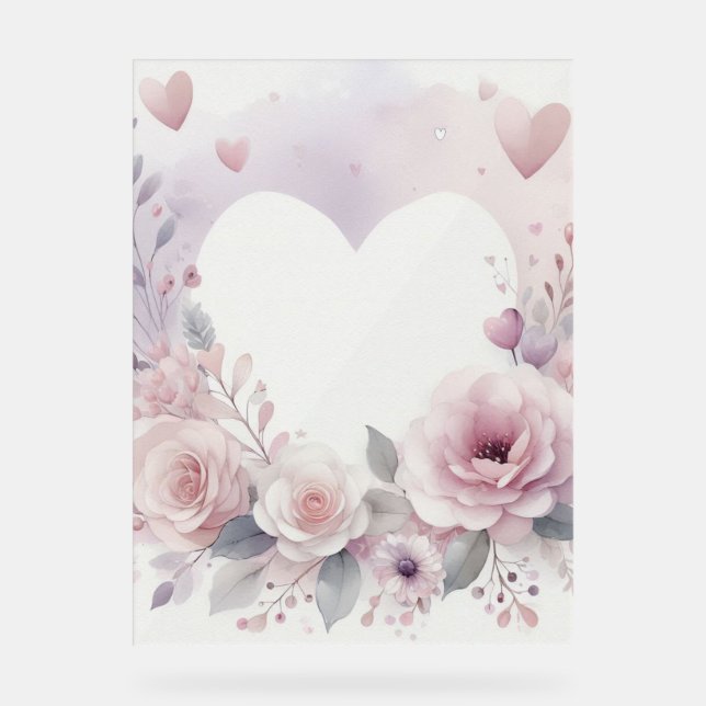 Monogram name floral hearts romantic watercolor  acrylic sign (Front)