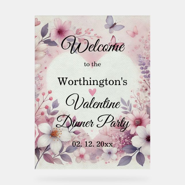 Monogram name floral hearts romantic watercolor  acrylic sign (Front)