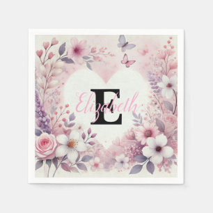 Monogram name floral hearts romantic watercolor napkin