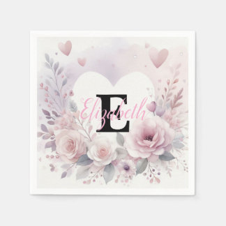 Monogram name floral hearts romantic watercolor napkin