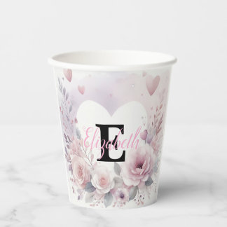 Monogram name floral hearts romantic watercolor paper cups