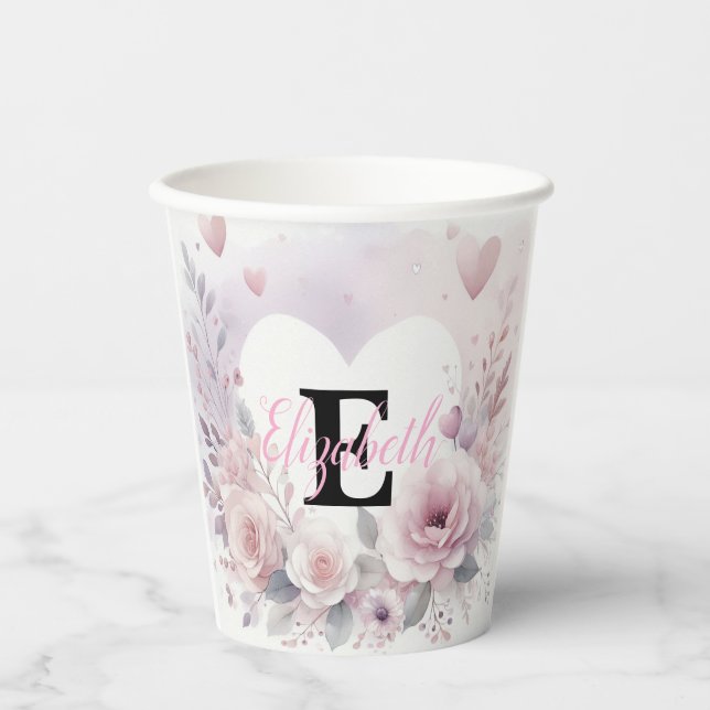 Monogram name floral hearts romantic watercolor  paper cups (Front)