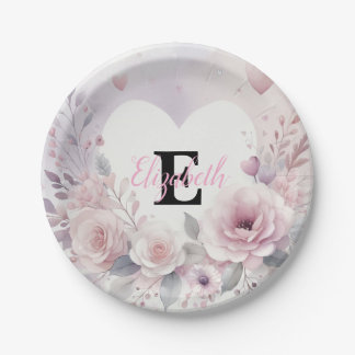 Monogram name floral hearts romantic watercolor paper plate